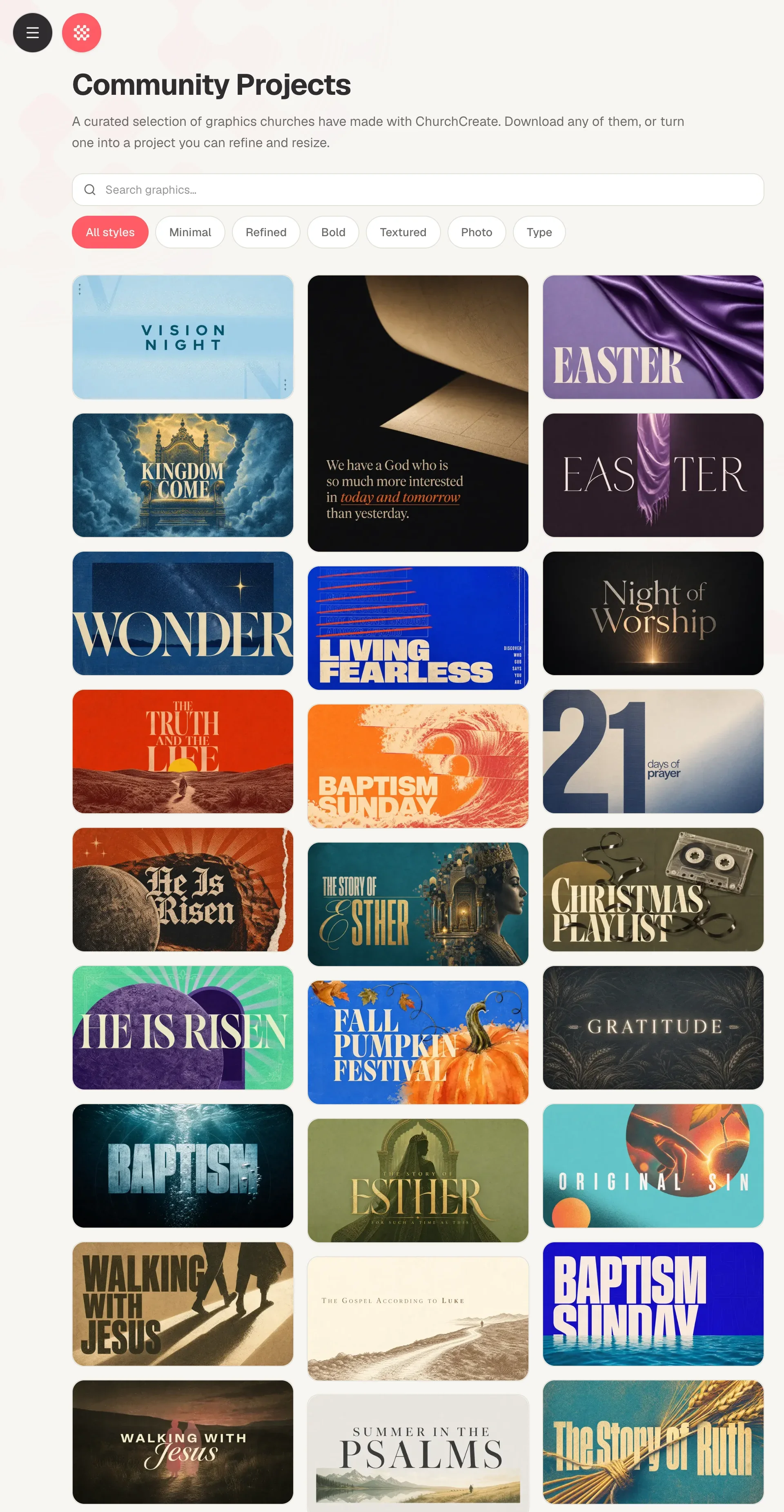 The community project library in ChurchCreate, a grid of shared graphics ready to become your next project